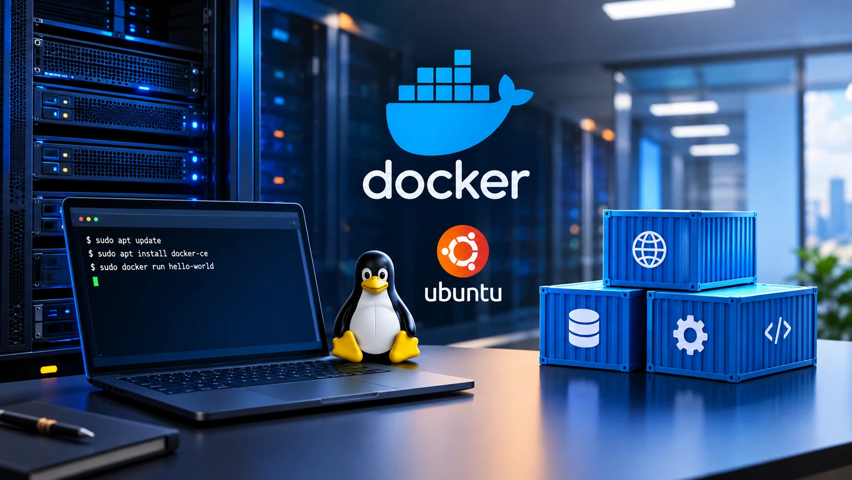 Illustration of a Linux dedicated server running isolated Docker containers using Ubuntu