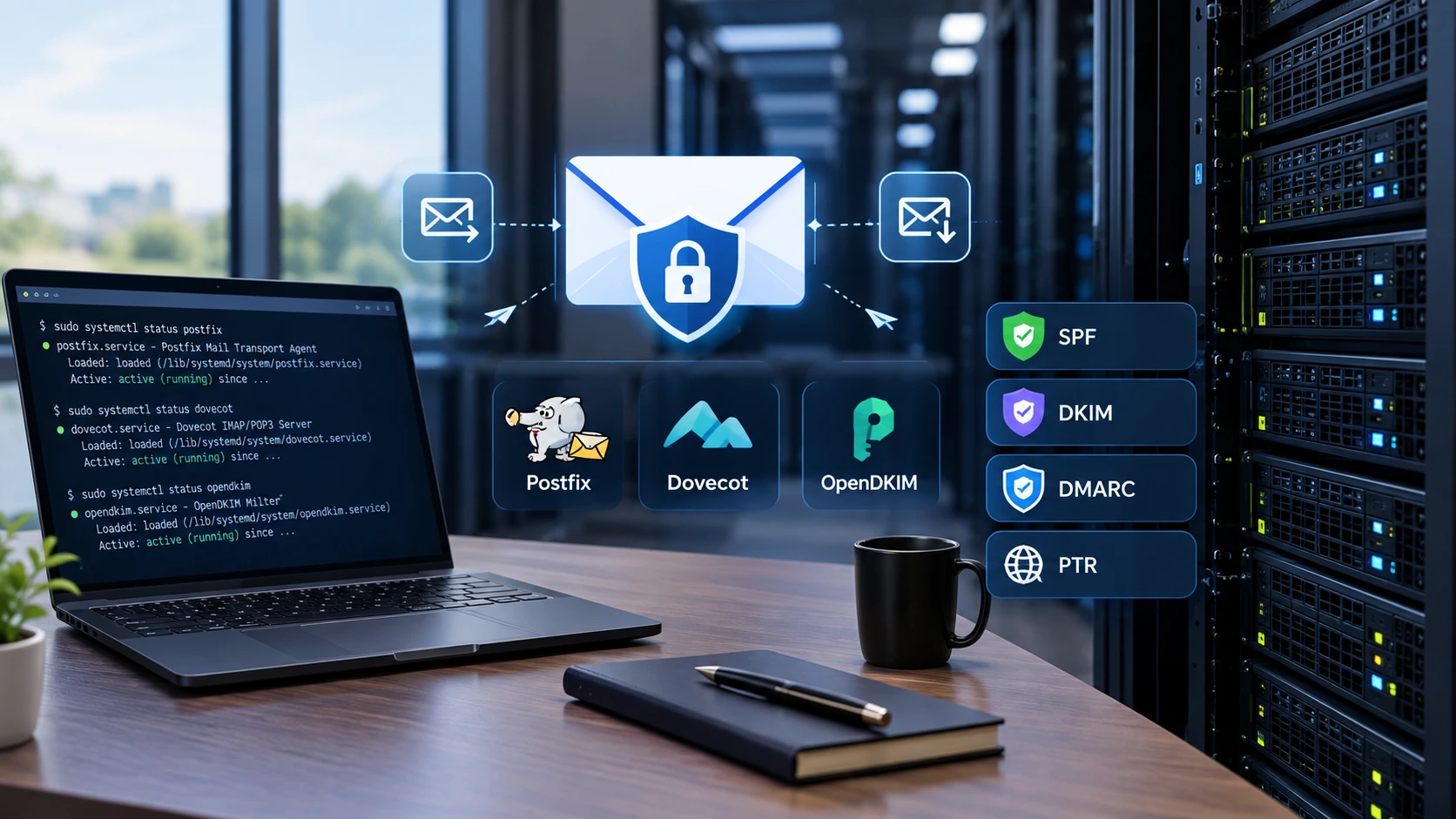 Illustration of a secure mail server setup showing email routing, authentication protocols, and IP reputation metrics